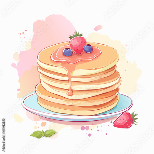 Stack of golden pancakes with dripping syrup, strawberry, and blueberries on a plate, watercolor style illustration.