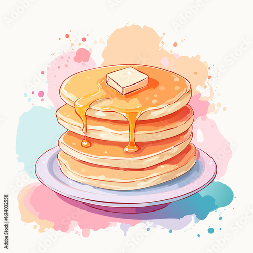 Artistic watercolor illustration of a stack of pancakes with melting butter and dripping golden syrup on a plate.