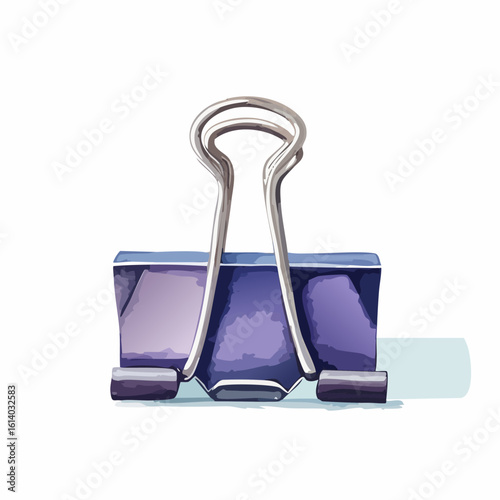 Stylized watercolor illustration of a purple binder clip with shiny silver metal handles.