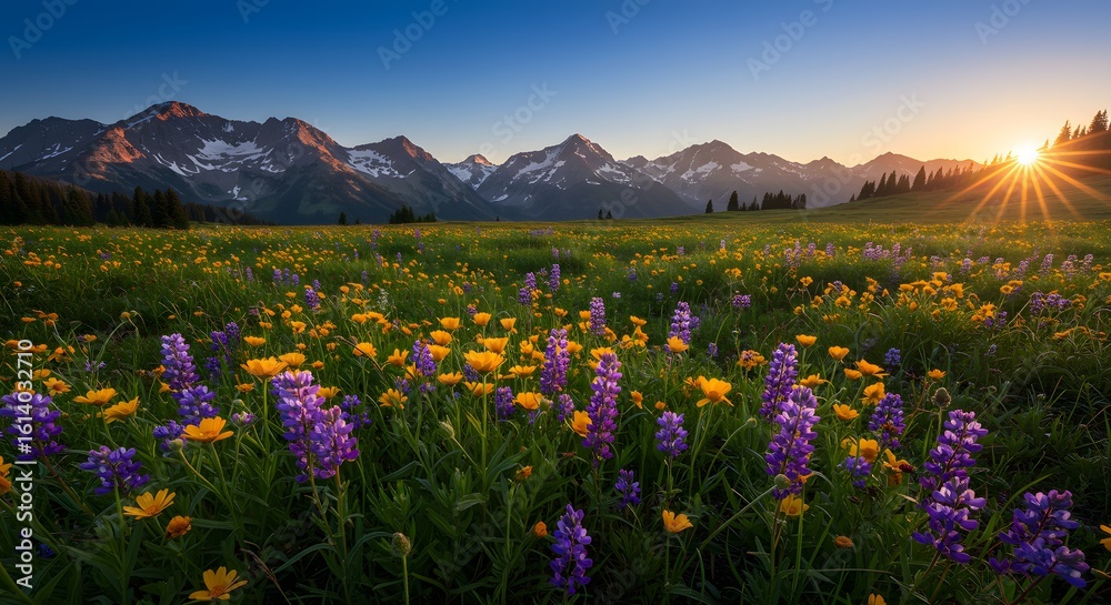 Fototapeta premium Wildflower field in full bloom with snow-capped mountains in background 