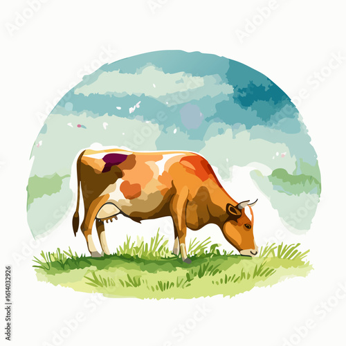 A stylized illustration of a brown and white spotted dairy cow grazing on lush green grass.