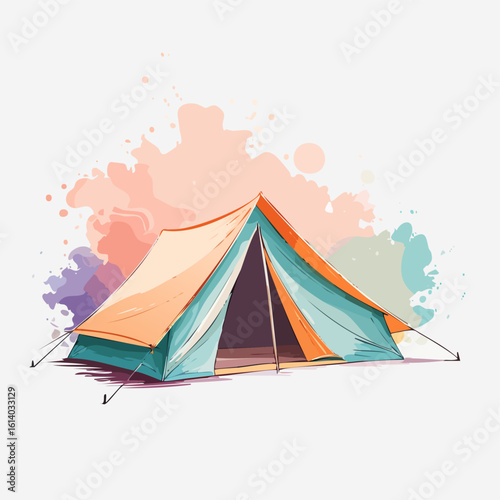 Colorful A-frame camping tent illustration with vibrant orange and teal watercolor splashes.