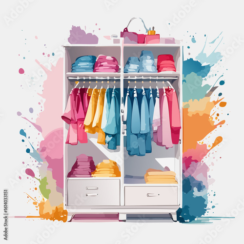 Open white wardrobe with colorful, neatly organized clothes and drawers, depicted in a minimalist illustrative style.