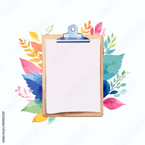 A wooden clipboard with a blank sheet of paper, adorned with vibrant, colorful watercolor style leaves.
