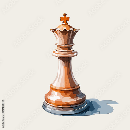 Stylized copper chess king with a cross finial in a painterly watercolor illustration style.