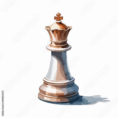 Illustrated white chess queen with a reflective bronze crown and a prominent shadow.