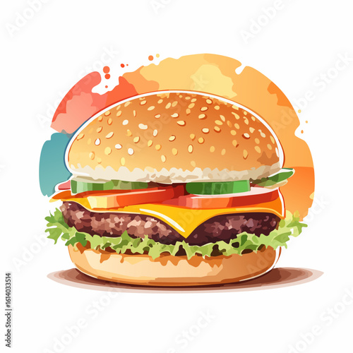 Colorful watercolor illustration of a juicy cheeseburger with fresh toppings on a sesame seed bun.