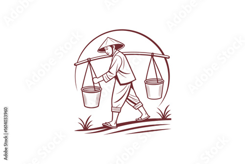 Asian Farmer Carrying Buckets with Shoulder Pole in Silhouette Style Illustration