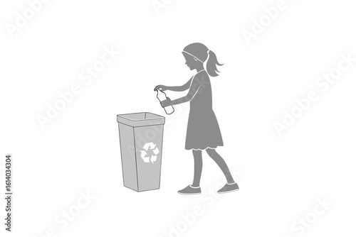 Girl Recycling Plastic Bottle in Bin Silhouette Style Illustration