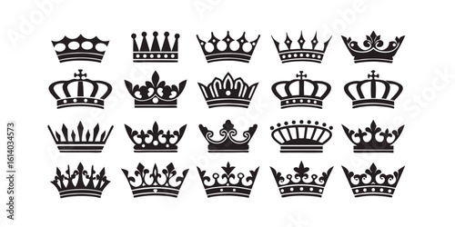 Collection of black royal crowns with varied designs monarchy regal