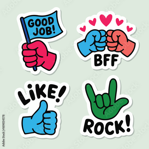 Cartoon stickers featuring hand gestures and positive messages like good job and rock on display