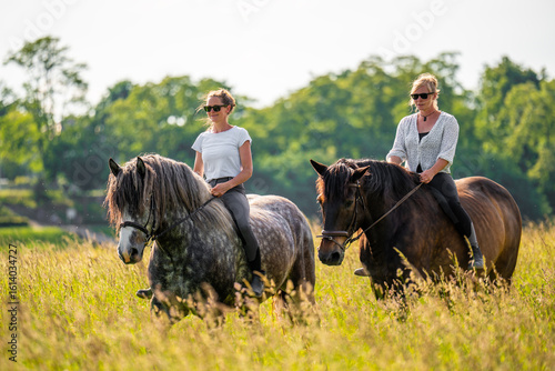 Canvas Print Two young women in sunglasses riding bareback on horses through green grassy field under bright sun