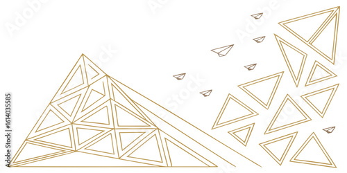 abstract golden triangles and paper airplanes in motion isolated on white background.