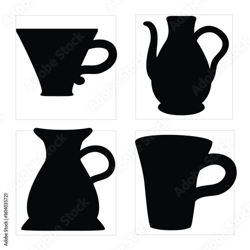 Modern Mug, Jug, and Pitcher Silhouette Icons Set – Black Vector Drinkware for Cafe Menu, Restaurant Branding, Kitchen Decor, Beverage Packaging, Minimalist Graphic Design
