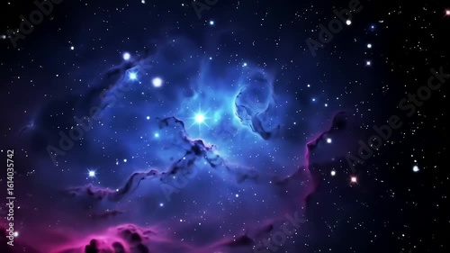 A breathtaking journey through the cosmos flying towards a colorful glowing nebula and starfield.