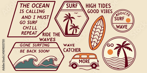 vintage surf club badges and patches collection with retro typography