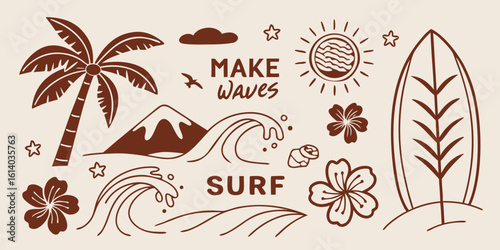 a collection of summer surf themed doodles and illustrations