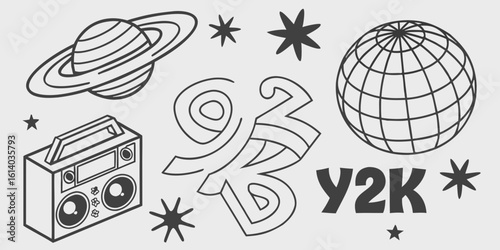 y2k millennium line art with saturn planet boombox and retro elements