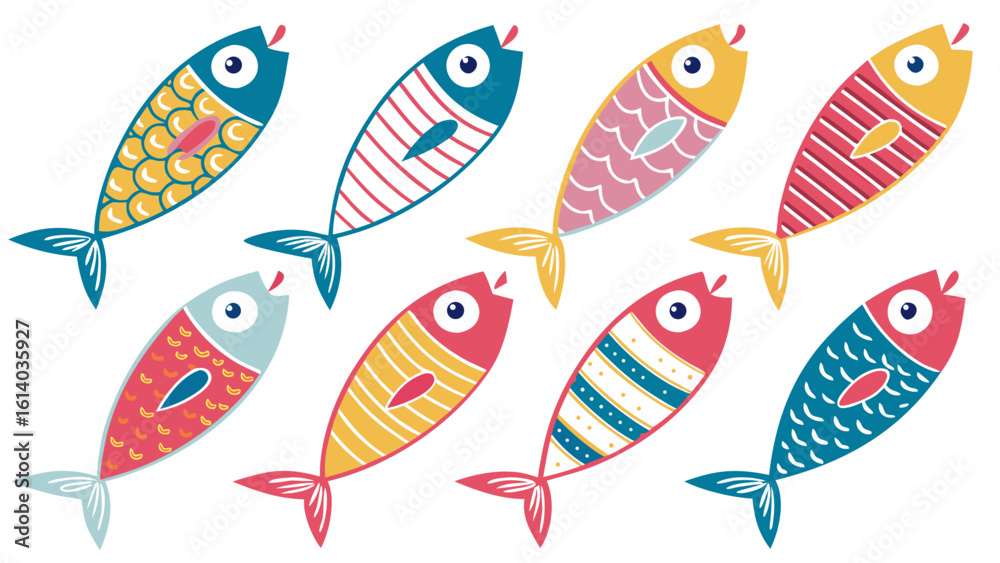 Obraz premium colorful patterned decorative fish collection with geometric designs in vibrant marine illustration set isolated on white background.
