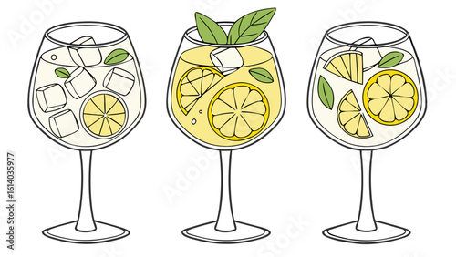 elegant wine glasses with citrus mint drinks illustration for cocktail and beverage menu design isolated on white background.