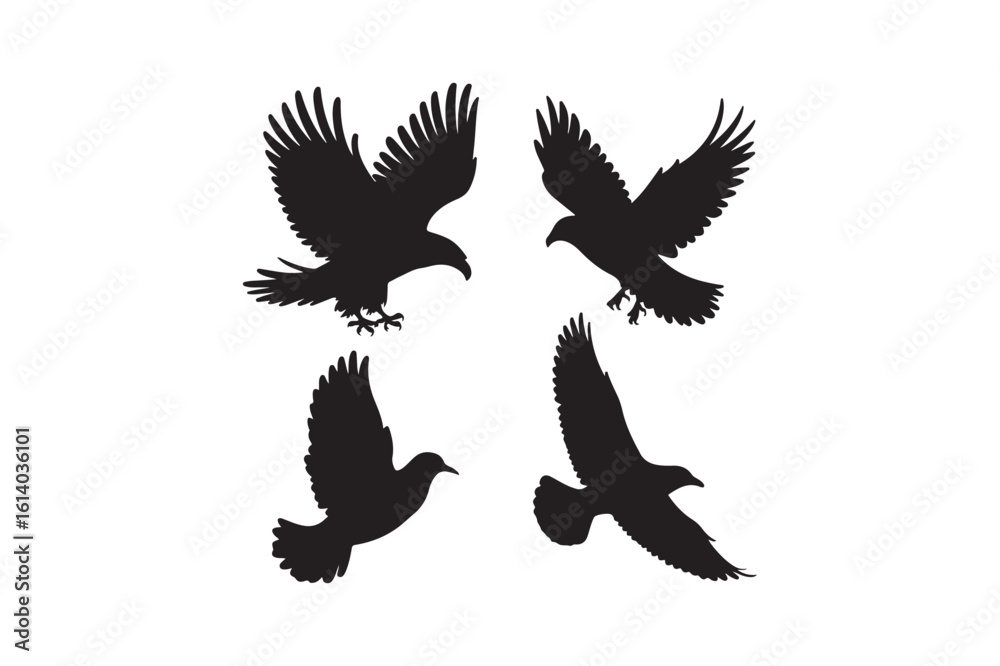 Fototapeta premium Four black eagle silhouettes in flight silhouette