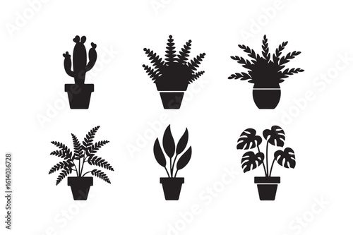 Collection of six potted houseplant silhouettes silhouette