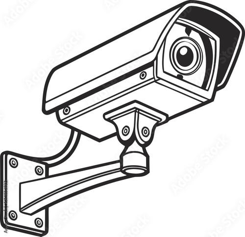 Vector art of a black and white surveillance camera is mounted on a wall for security purposes