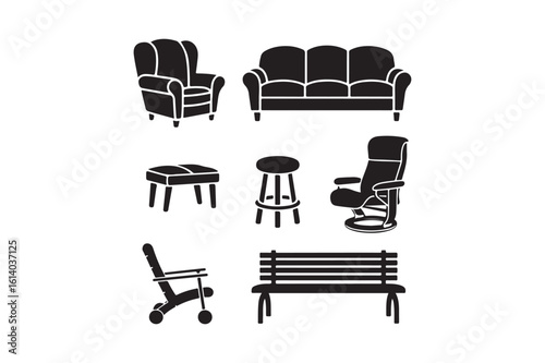 Collection of furniture silhouettes including chairs sofa bench and stools silhouette