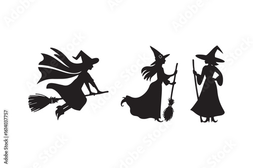 Three halloween witches flying and standing with brooms silhouette