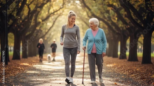 Healthy intergenerational exercise as elderly and young women enjoy slow therapeutic walking conversation with genuine smiles