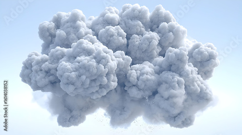 Large, fluffy cloud of light gray smoke against a pale blue background.  Dense, voluminous, and billowing
