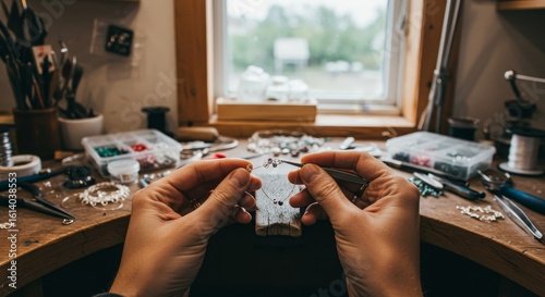 Intricate jewelry craftsmanship: Detail-oriented artisan creating delicate necklace near window