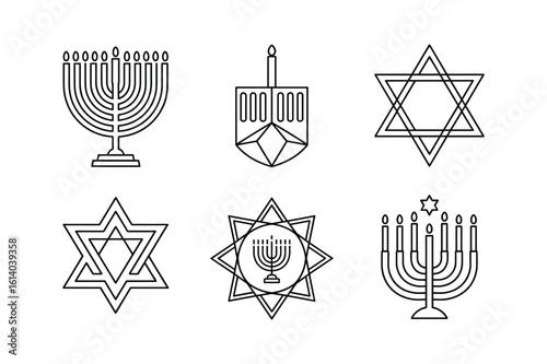 Hanukkah symbols menorah dreidel and Star of David line art Jewish