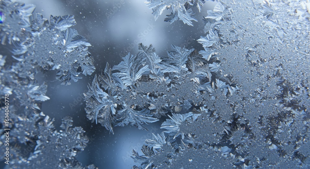 Fototapeta premium Intricate patterns of frost on a glass surface create a delicate winter scene showing the beauty