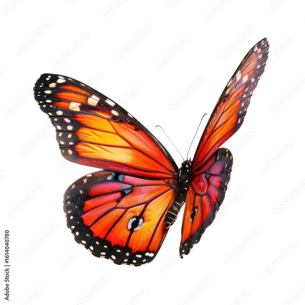 Fototapeta premium Monarch butterfly, vibrant orange and black wings, in flight, isolated on black