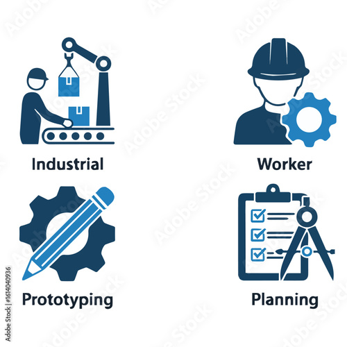 Illustration showing industrial processes worker prototyping and planning in a square format design