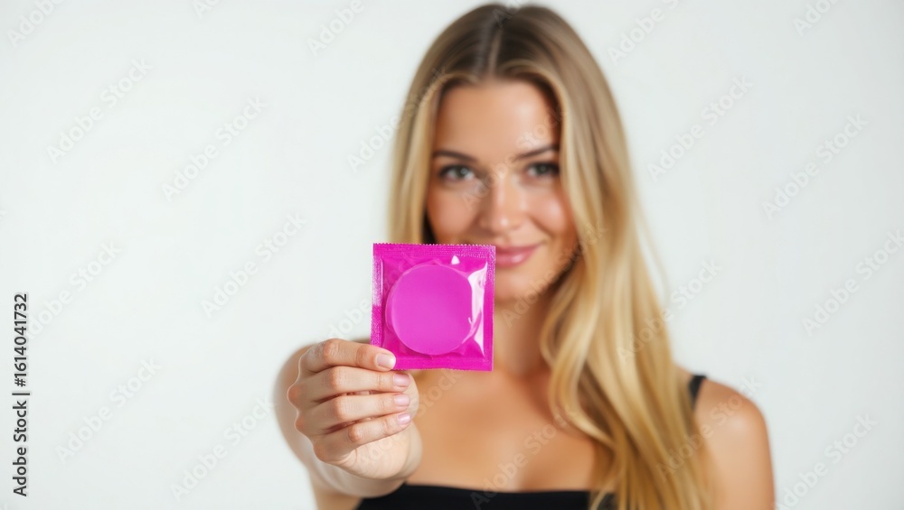 A young woman holds a pink condom package in her hand promoting safe sex and disease prevention A young woman holds a pink condom package in her hand promoting safe sex and disease prevention