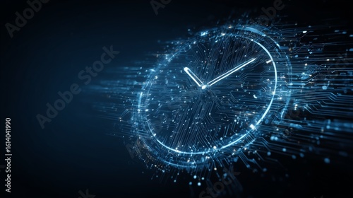 Abstract digital clock with a circuit board on a dark blue background, the concept of time and technology. This design element is used for a banner or web poster.