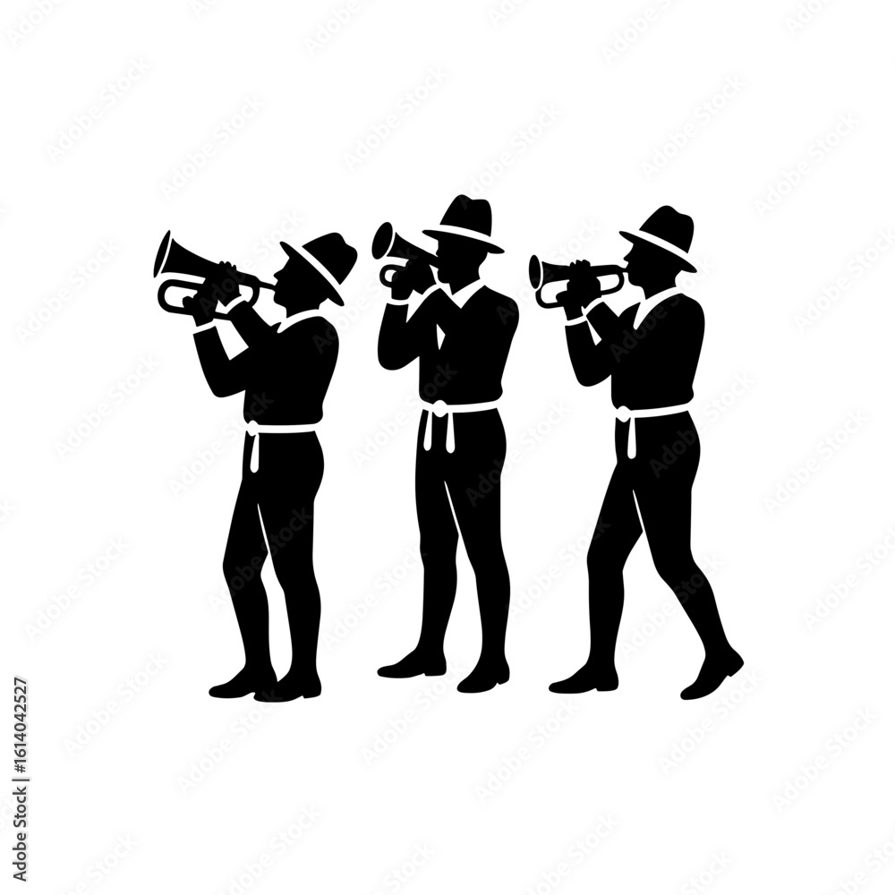 Naklejka premium Three musicians playing wind instruments in silhouette against white background 