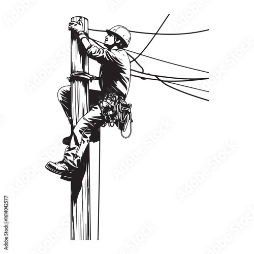 A lineman climbing a utility pole, fixing wires. Black and white vector design