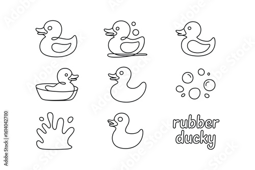 Line art rubber ducky collection with bubbles and water splash bath toy