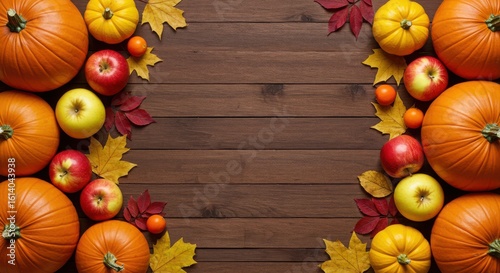 Fototapeta Naklejka Na Ścianę i Meble -  Autumn harvest pumpkins apples and leaves on wooden background fall