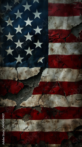 Weathered and cracked American flag texture symbolizing decay and resilience.