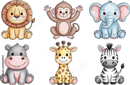 Cute cartoon safari animals collection. Baby lion, monkey, elephant, hippo, giraffe, and zebra.