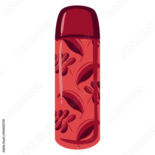 Vector illustration of a red thermos bottle with a leaf pattern design, evoking autumn warmth and seasonal comfort. Stylish flat design perfect for eco-themed projects.