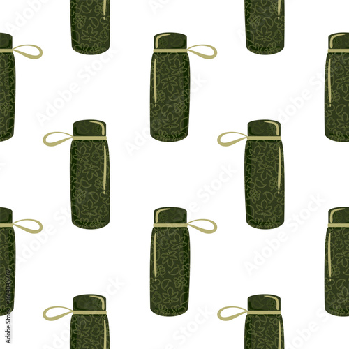 Repeating pattern of dark green thermos bottles with floral texture and carrying strap. Vector design ideal for hiking, eco-friendly lifestyle, and travel branding.