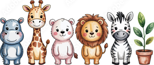 Cute collection of cartoon safari animals like a hippo, giraffe, lion, and zebra illustration.