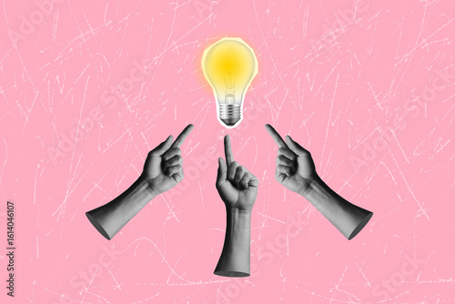 Art collage on the theme of inspiration and creative idea. Successful innovation ideas and inspiration ideas. Burning light bulb on a pink background	
