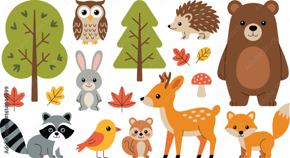 Naklejka premium Set of cute woodland animals and forest elements cartoon vector illustrations