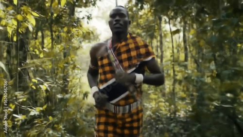 A strong African man in colorful traditional clothes jogs on a path through a sunny jungle